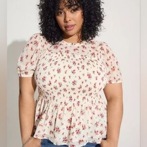 Torrid Ivory Blouse with Red Floral Pattern